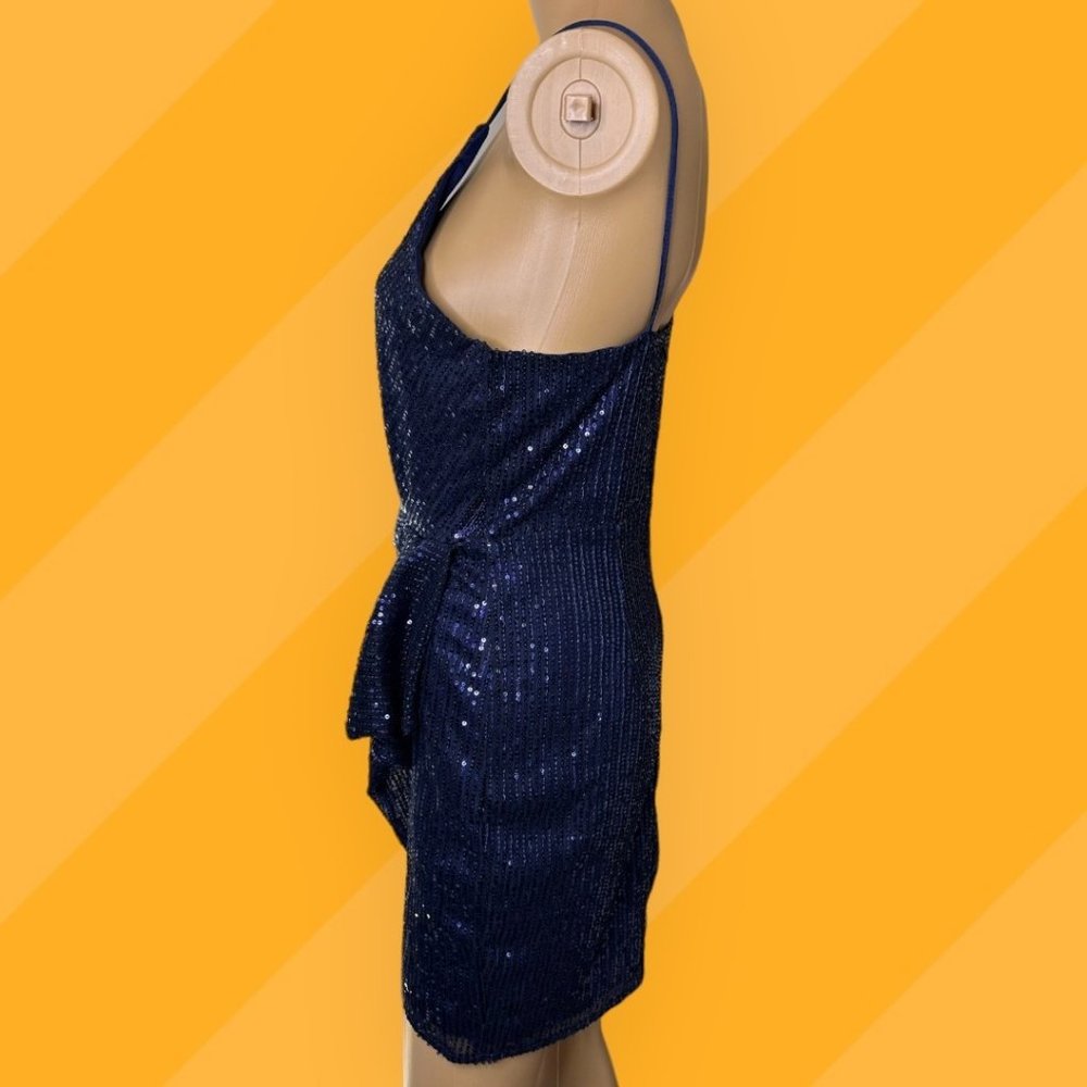 Double Crazy Blue Sequin Mini Dress Large L Lined Sleeveless Stretch V-Neck - Picture 4 of 16